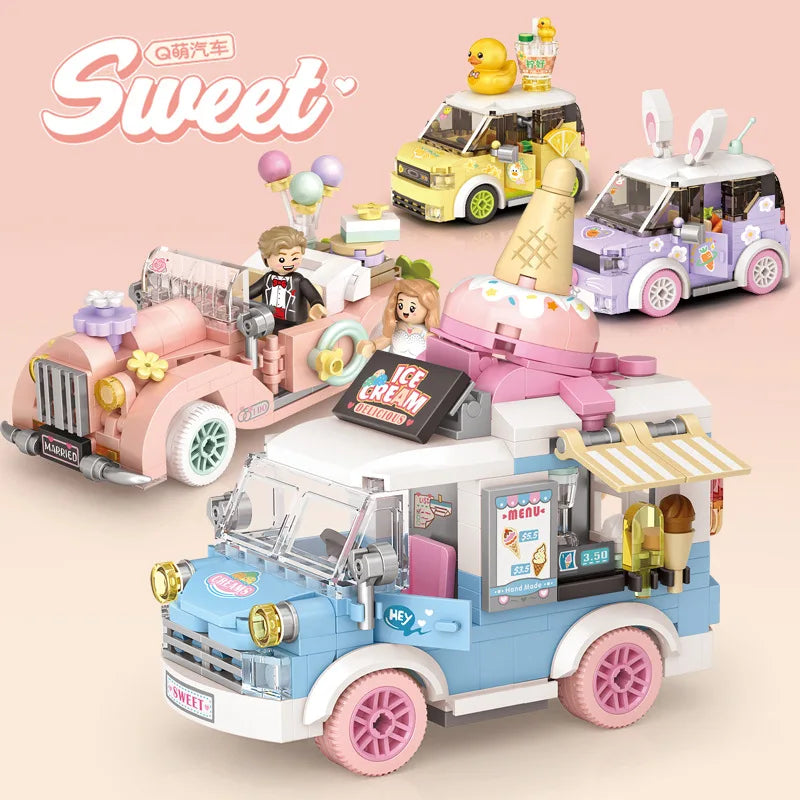 Mini Building Block City Series Street Scene Cartoon Food Cart Fruit Ice Cream Shop Car Assembly DIY Toys Boys And Girls Gifts