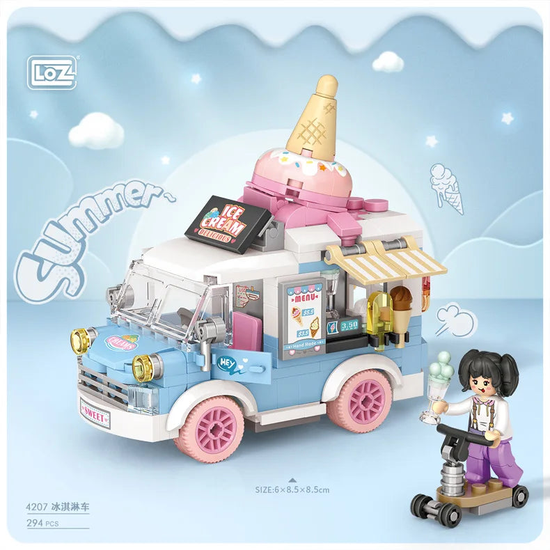 Mini Building Block City Series Street Scene Cartoon Food Cart Fruit Ice Cream Shop Car Assembly DIY Toys Boys And Girls Gifts