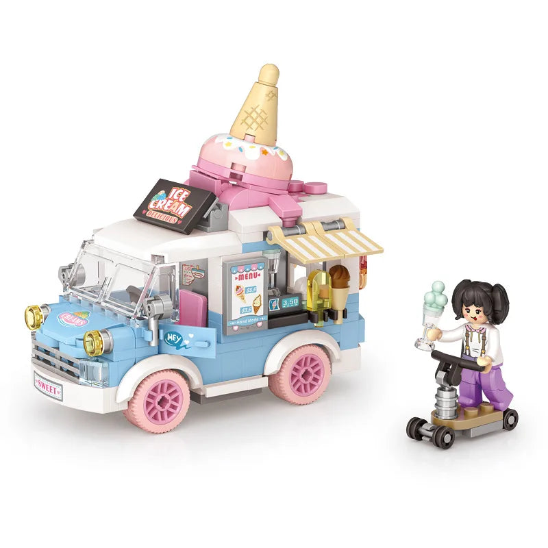 Mini Building Block City Series Street Scene Cartoon Food Cart Fruit Ice Cream Shop Car Assembly DIY Toys Boys And Girls Gifts