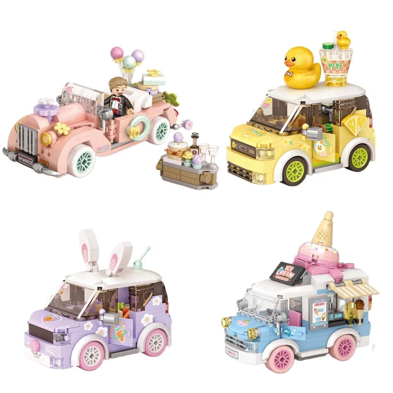 Mini Building Block City Series Street Scene Cartoon Food Cart Fruit Ice Cream Shop Car Assembly DIY Toys Boys And Girls Gifts